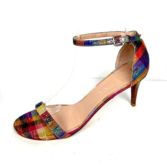 STUART WEITZMAN Metallic Rainbow Plaid Leather Ankle Strap Nunaked Sandals 95